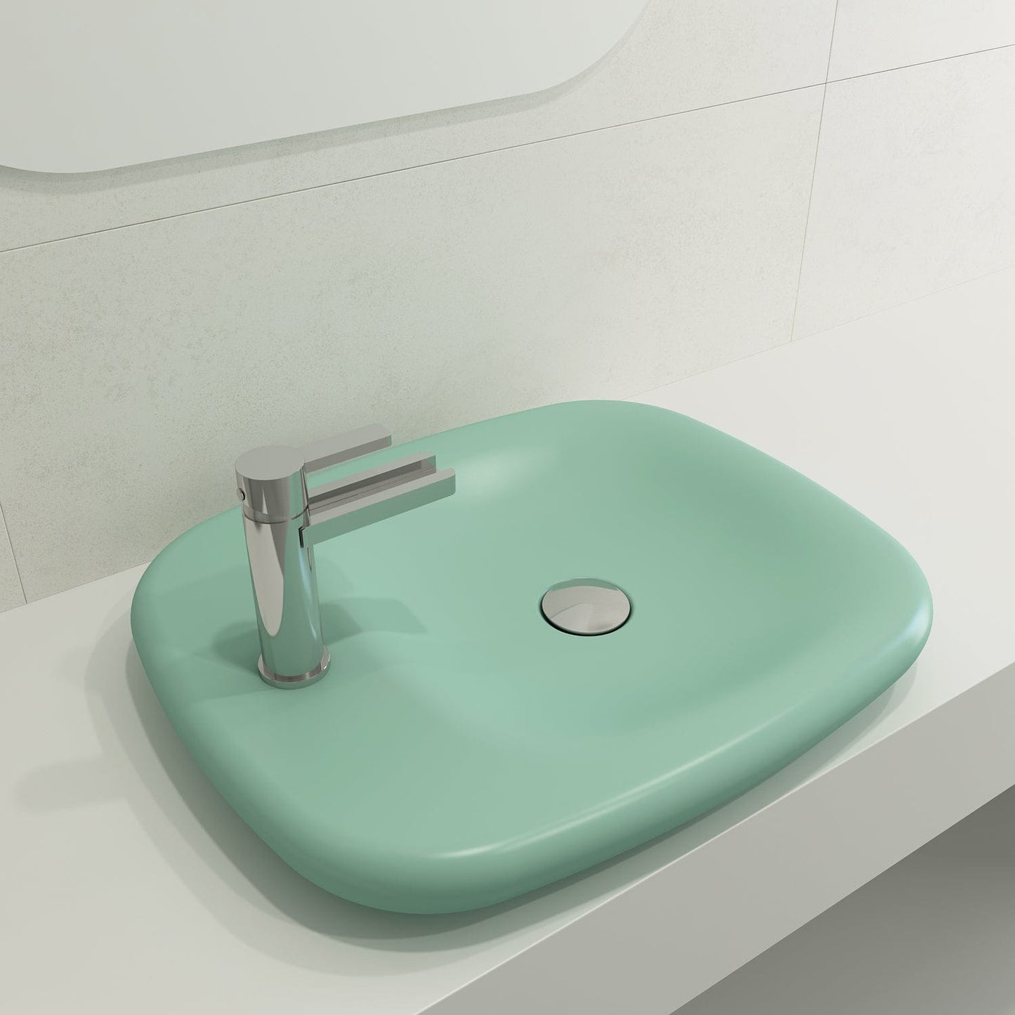 BOCCHI FENICE 21.75" Vessel Fireclay 1-Hole sink in serene green with modern faucet.