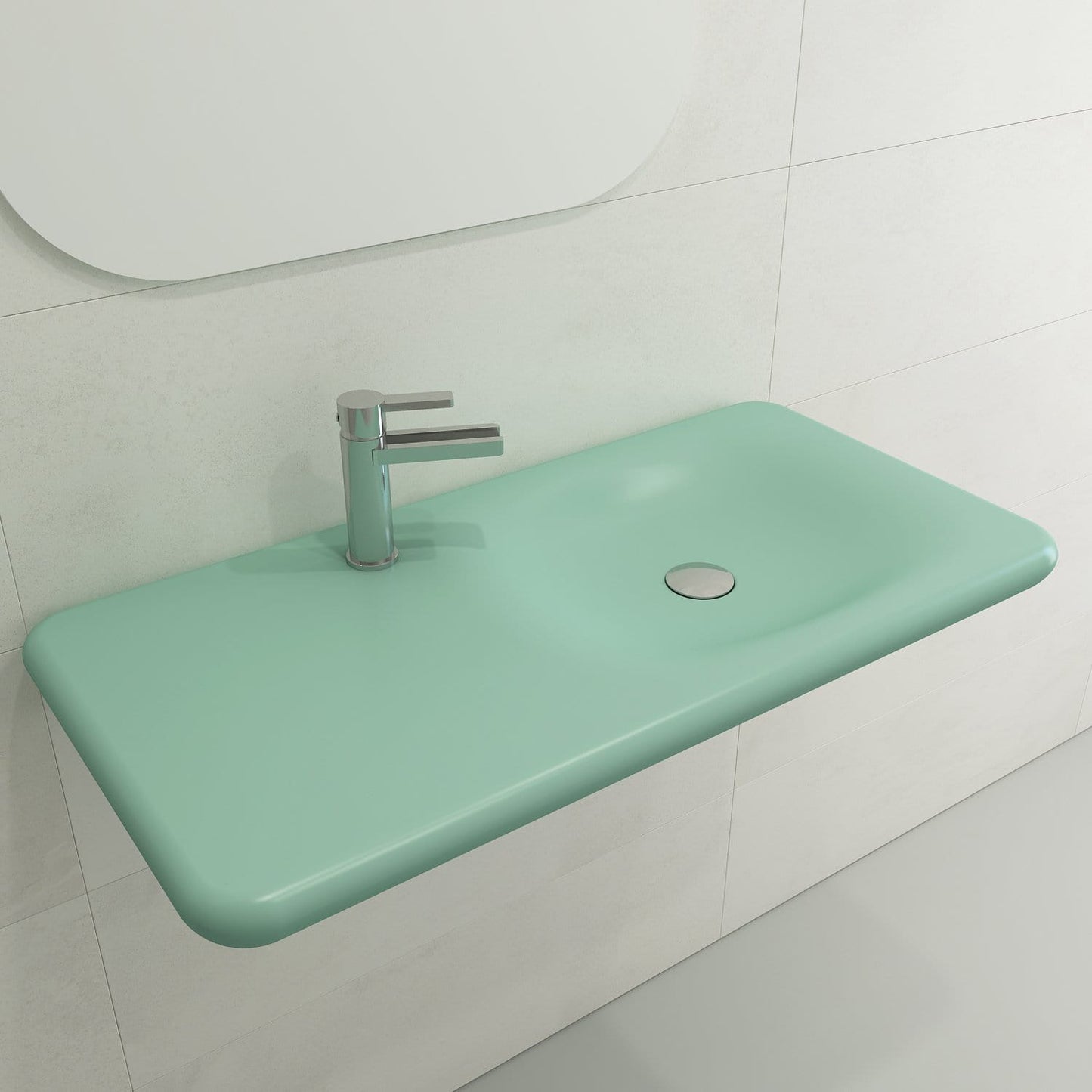 BOCCHI FENICE 35.5" Wall-Mounted Sink Fireclay 1-Hole in mint green with modern faucet design.