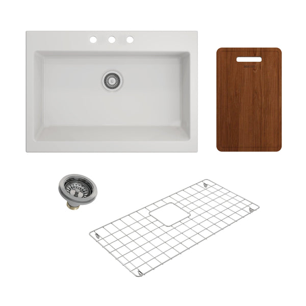 BOCCHI NUOVA 34 Fireclay Kitchen Sink Kit with Protective Bottom Grid and Strainer and Cutting Board 1500-001-KIT1