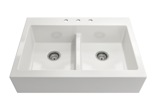 BOCCHI NUOVA Farmhouse Short Apron Front Fireclay 34" Double Bowl Kitchen Sink top view in white color.
