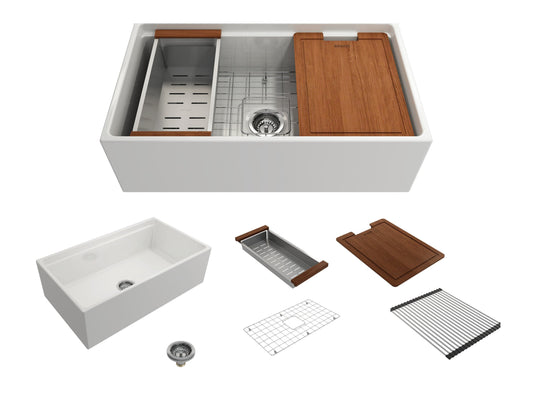 BOCCHI Contempo 33" white fireclay farmhouse sink with workstation ledge and accessories on a white background