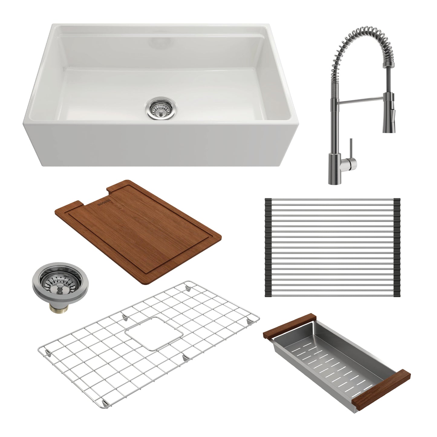 BOCCHI CONTEMPO 33" Fireclay Workstation Farmhouse Sink with Livenza Faucet, white sink, stainless steel faucet and accessories.