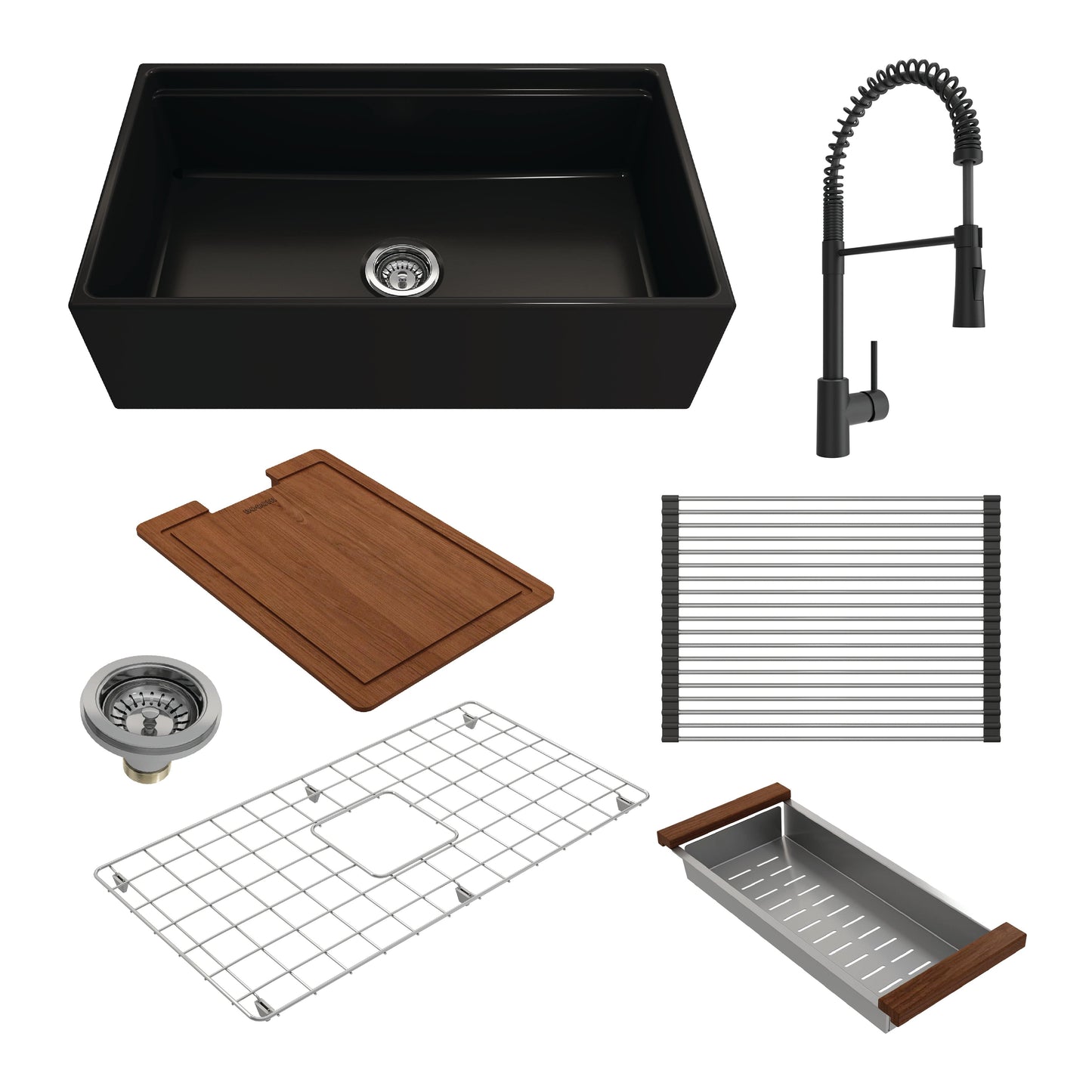 BOCCHI CONTEMPO 33" Fireclay Workstation Farmhouse Sink with Livenza Faucet in Matte Black with accessory set.