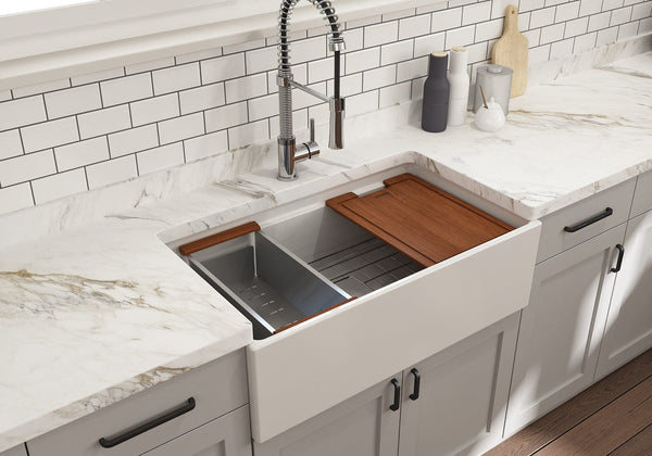 BOCCHI CONTEMPO 33 Step Rim With Integrated Work Station Fireclay Farmhouse Single Bowl Kitchen Sink with Accessories