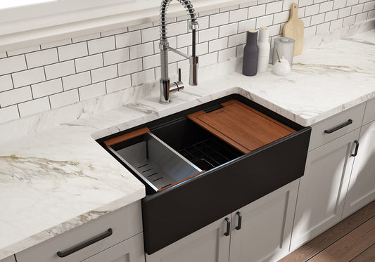 BOCCHI CONTEMPO 33" Step Rim With Integrated Work Station Fireclay Farmhouse Single Bowl Kitchen Sink with Accessories - Matte Black