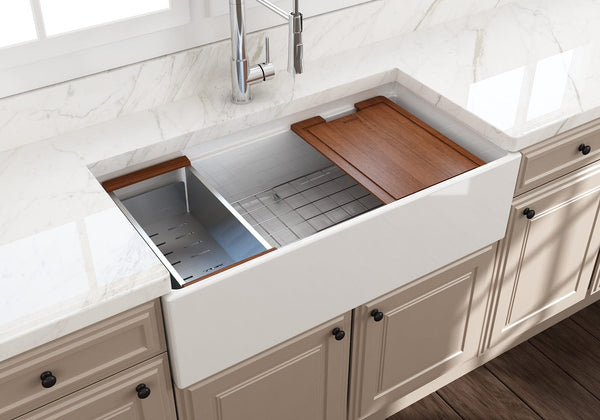 BOCCHI CONTEMPO 36 Step Rim With Integrated Work Station Fireclay Farmhouse Single Bowl Kitchen Sink with Accessories - White