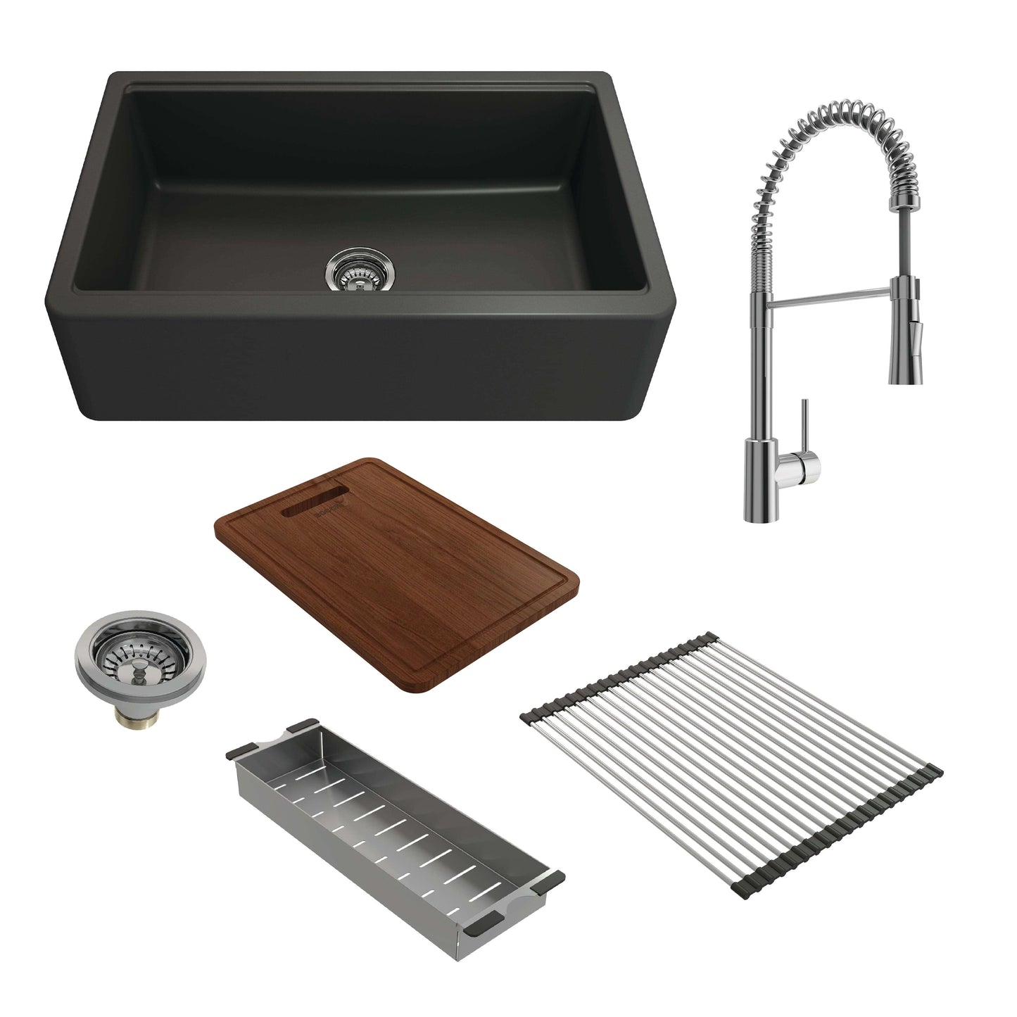 BOCCHI ARONA 33" Matte Black Granite Workstation Sink with Livenza Faucet, accessories including wood cutting board and stainless steel rack.