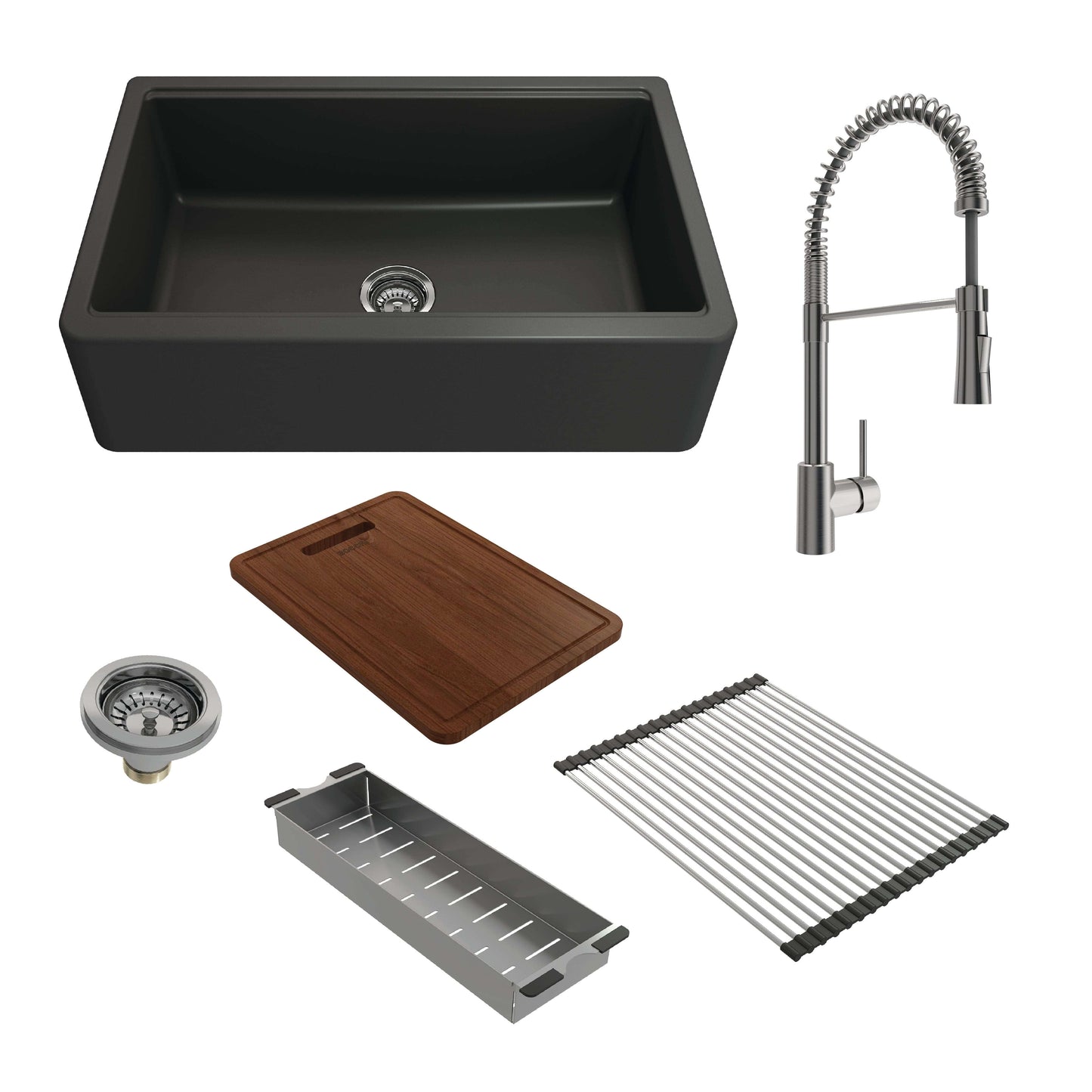 BOCCHI ARONA 33" Matte Black Granite Workstation Sink with Livenza Faucet, including accessories like cutting board and drain.