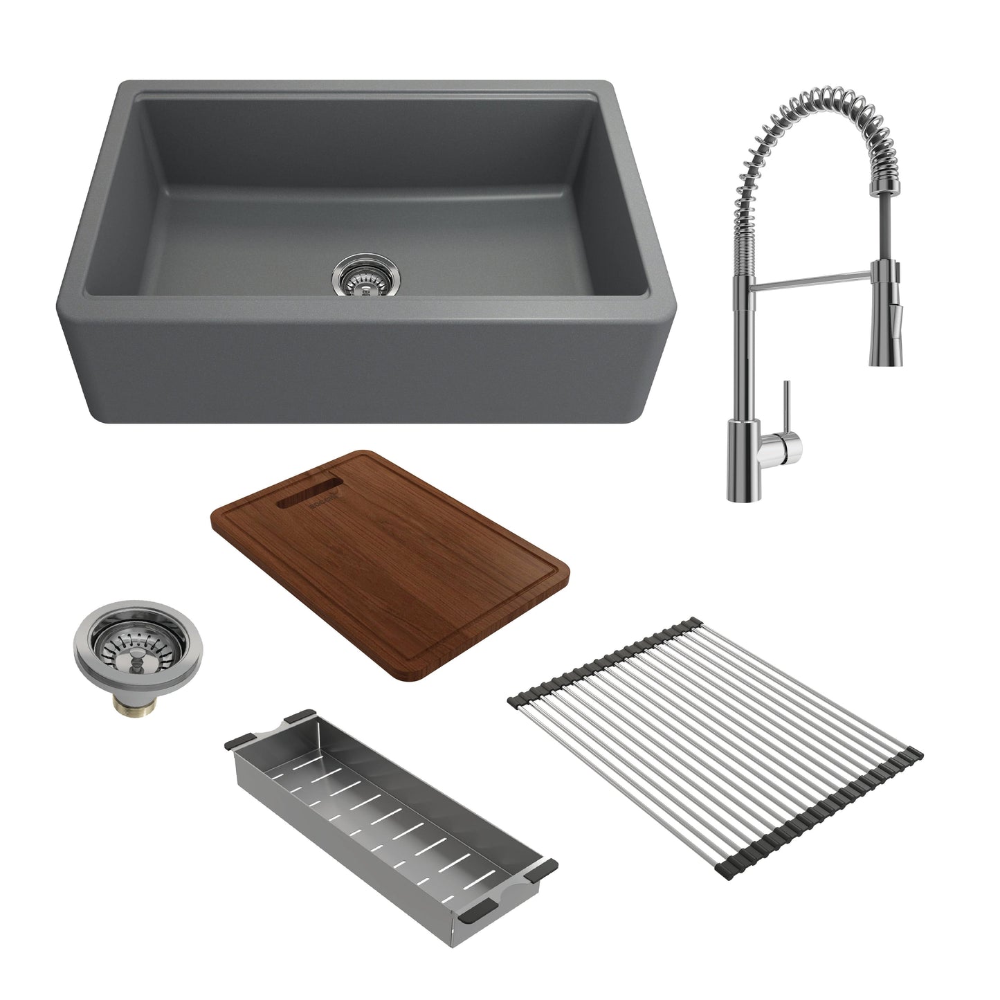 BOCCHI ARONA 33" Concrete Gray Granite Workstation Sink w/ Accessories & Livenza Faucet set including sink, chrome faucet, and cutting board