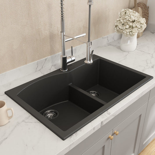 BOCCHI CAMPINO DUO 33" Dual Mount 60/40 Double Bowl Granite Kitchen Sink with Strainers in Matte Black top view with faucet