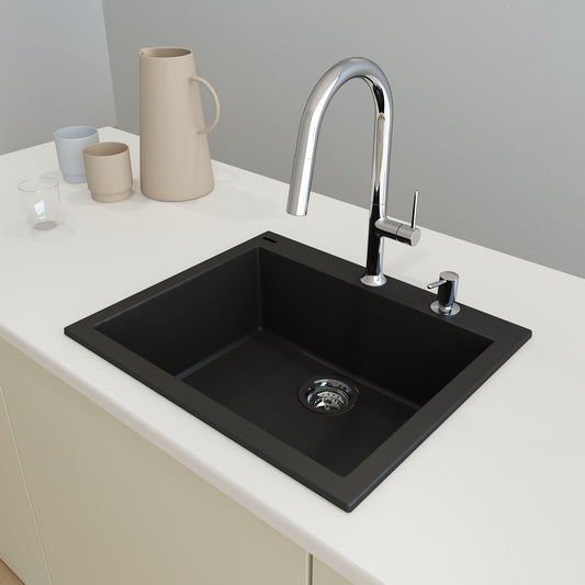 CAMPINO UNO 24" Single Bowl Dual Mount Granite Kitchen Sink with Strainer in Matte Black, top view, modern kitchen setup.