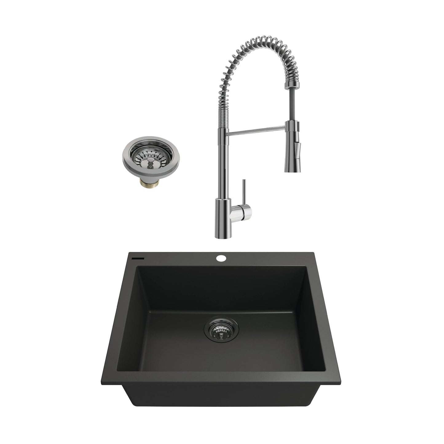 BOCCHI CAMPINO UNO 24" Matte Black Granite Sink with Livenza Faucet and strainer, sleek modern design for kitchen or bar.