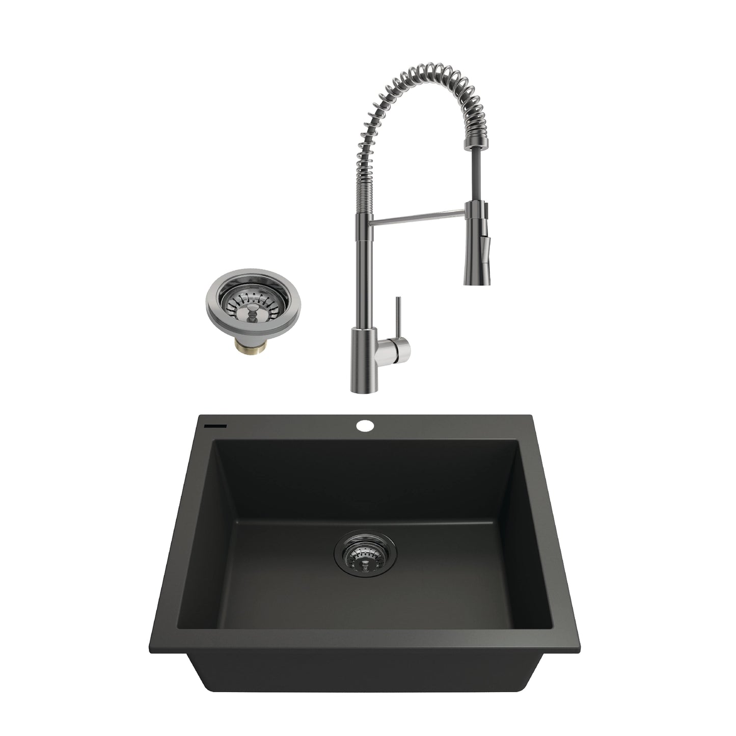 BOCCHI CAMPINO UNO 24" Matte Black Granite Sink with Livenza Faucet, stainless steel, sleek design, modern kitchen.