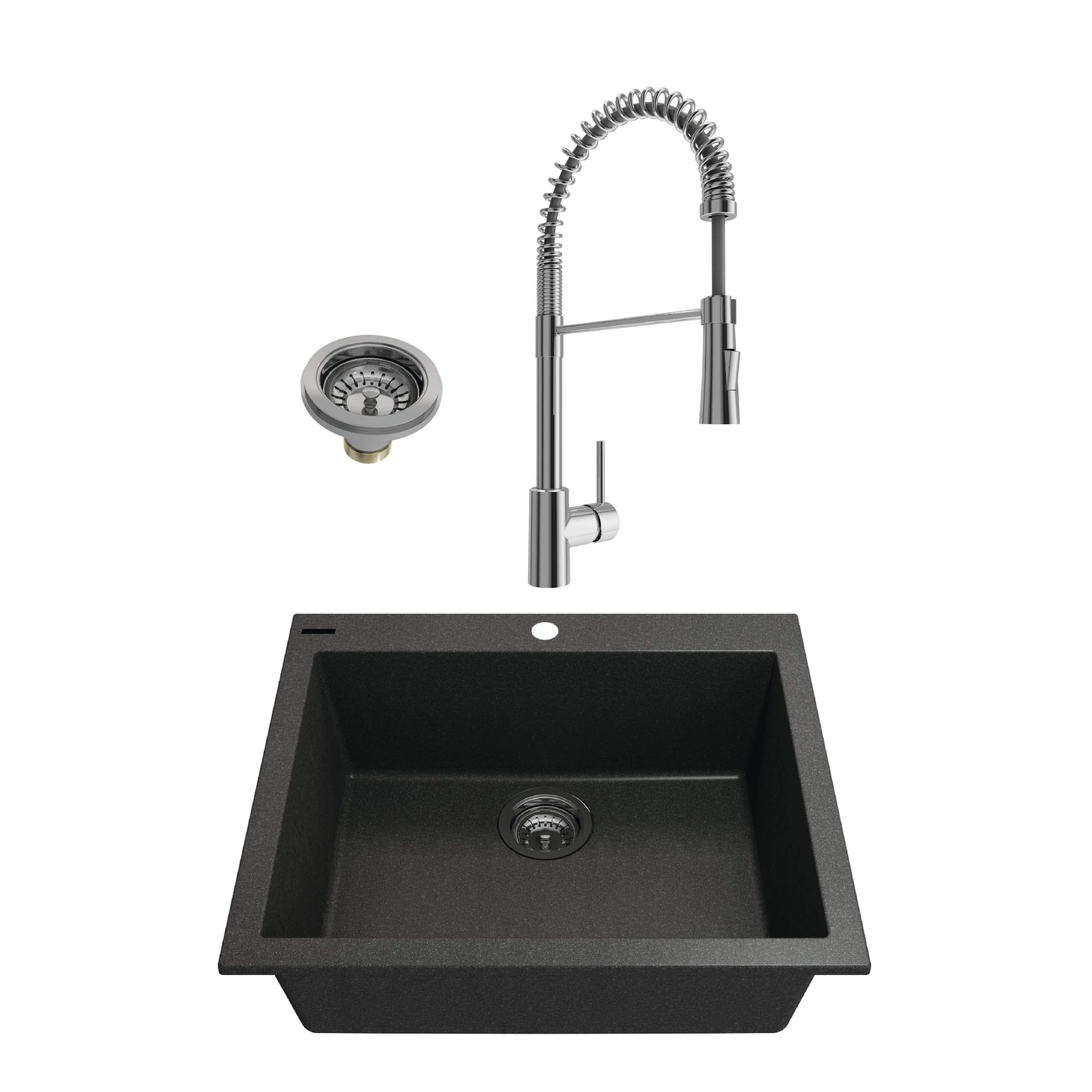 BOCCHI CAMPINO UNO 24" Metallic Black Granite Sink with Livenza Faucet and drain, stylish and functional kitchen solution.