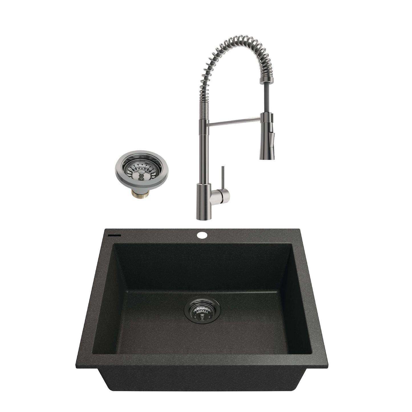 BOCCHI CAMPINO UNO 24" Metallic Black Granite Sink with Livenza Faucet featuring stainless steel components.