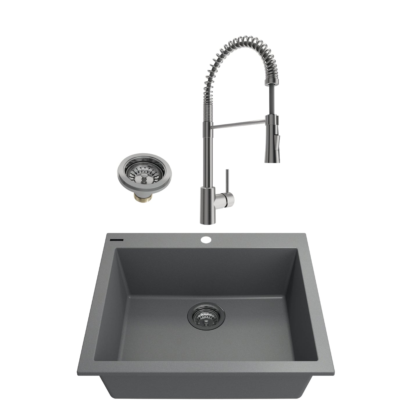 BOCCHI CAMPINO UNO 24" Concrete Gray Granite Sink with Livenza Faucet featuring stainless steel drain and flexible spout.