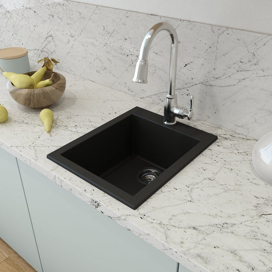 CAMPINO UNO 16" Single Bowl Dual Mount Granite Bar Sink with Strainer in matte black, top view on a marble countertop.