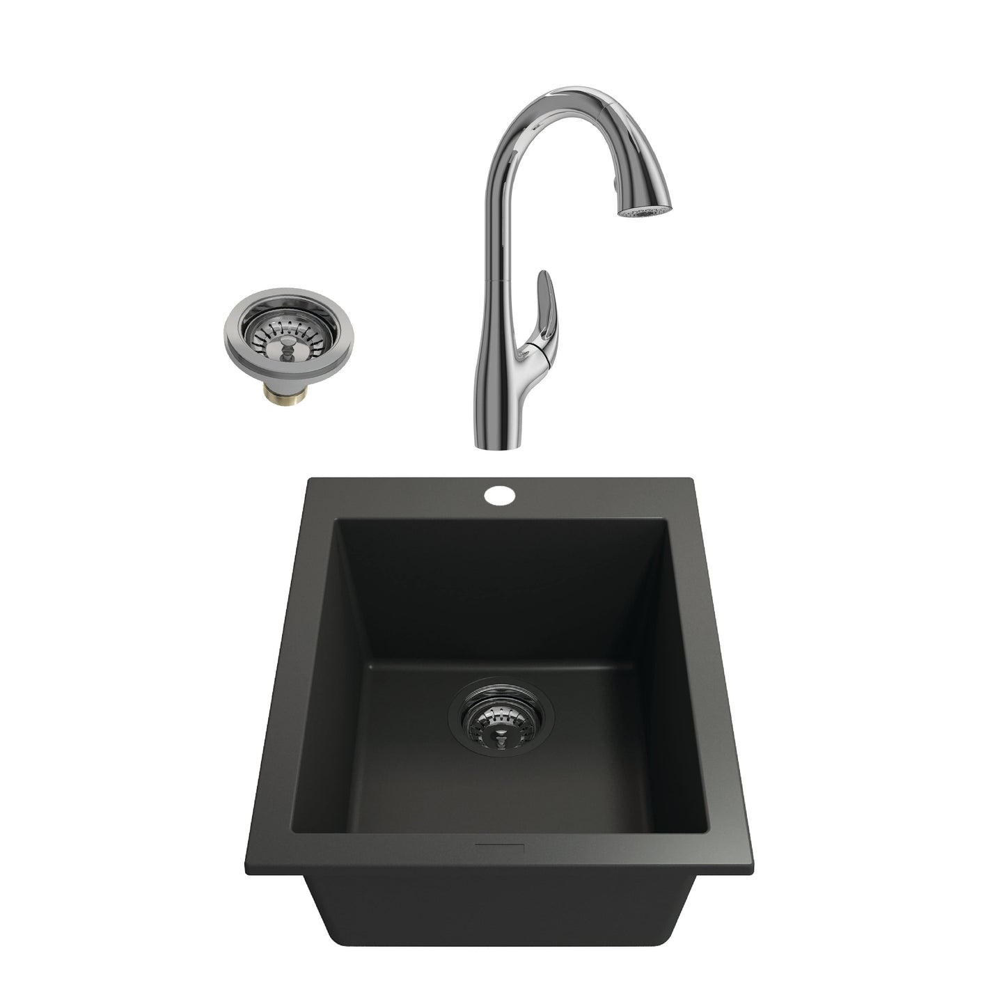 BOCCHI CAMPINO UNO 16" Matte Black Granite Bar Sink with Pagano Faucet featuring chrome drain and elegant design.