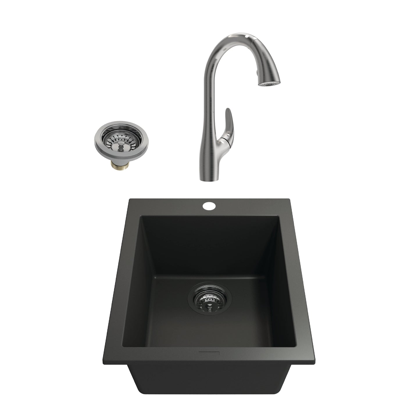 BOCCHI CAMPINO UNO 16" Matte Black Granite Bar Sink with Pagano Faucet, striking granite composite design with stainless steel faucet.