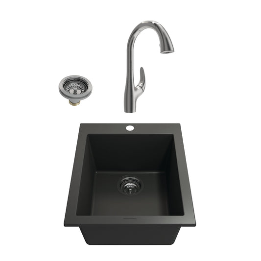 BOCCHI CAMPINO UNO 16" Matte Black Granite Bar Sink with Pagano Faucet, striking granite composite design with stainless steel faucet.