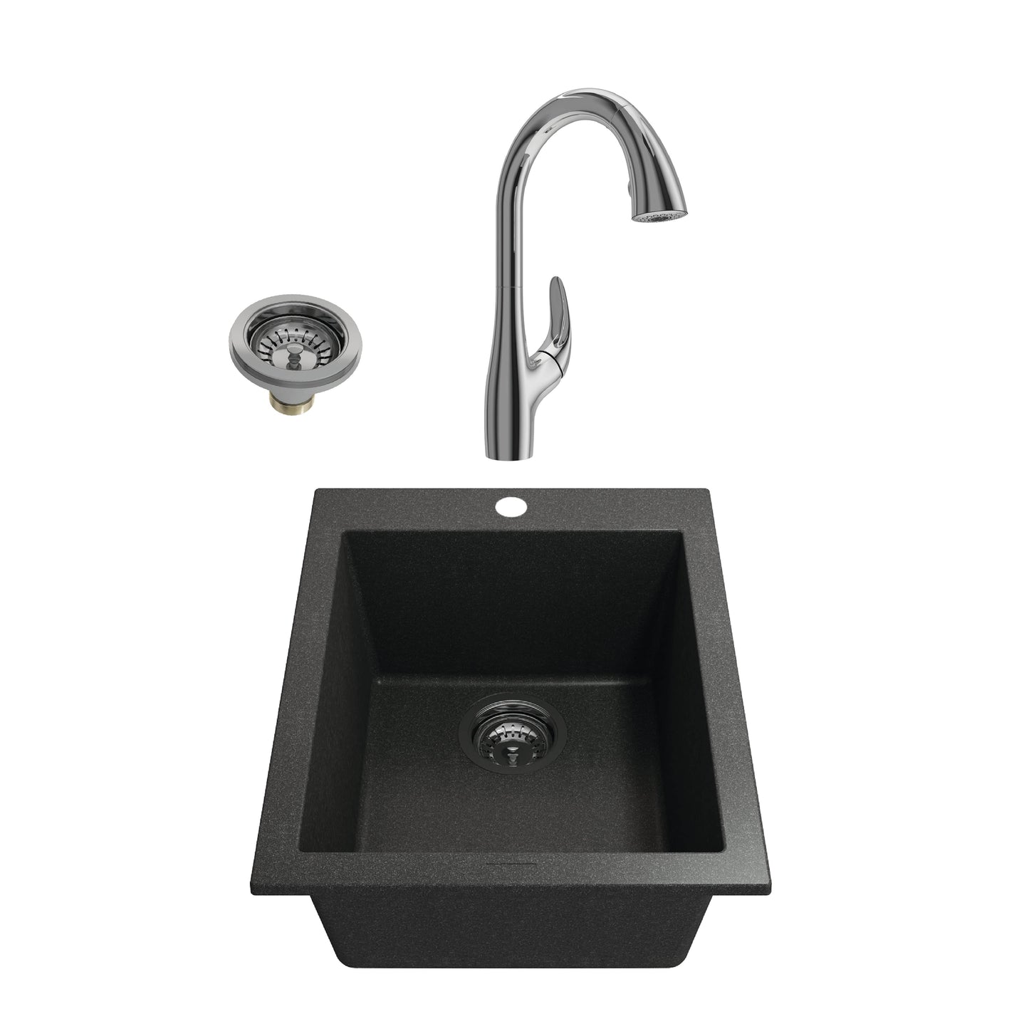 BOCCHI CAMPINO UNO 16" Metallic Black Granite Bar Sink with Pagano Faucet, chrome faucet and drain included.