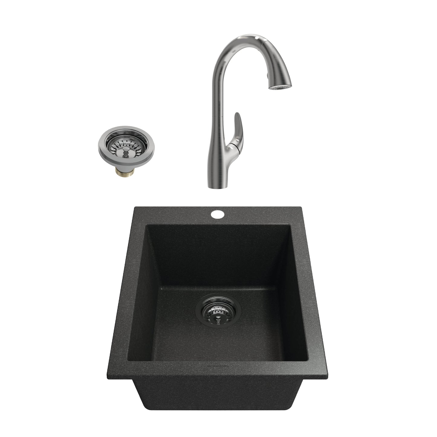 BOCCHI CAMPINO UNO 16" Metallic Black Granite Bar Sink with Pagano Faucet showcasing stainless steel drain and faucet design.