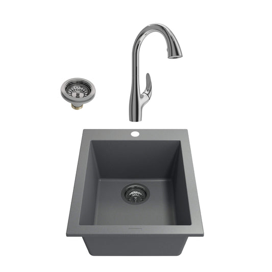 BOCCHI CAMPINO UNO 16" Concrete Gray Granite Bar Sink with Pagano Faucet and drain assembly in modern design.