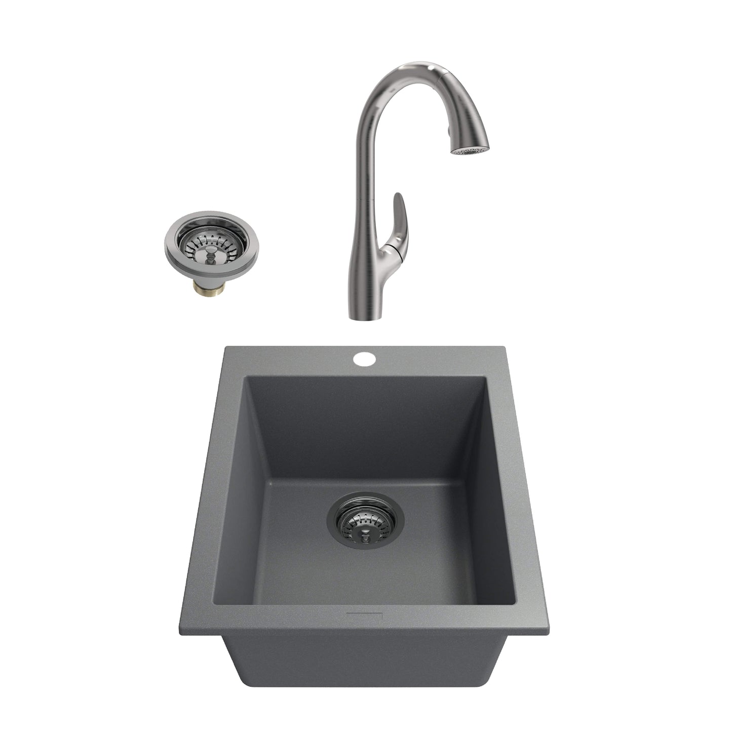 BOCCHI CAMPINO UNO 16" Concrete Gray Granite Bar Sink with Pagano Faucet and drain assembly, showcasing Italian design.