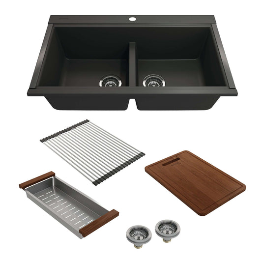 BOCCHI BAVENO LUX 34" Double Bowl Granite Composite Kitchen Sink with Integrated Workstation and Accessories in matte black finish.