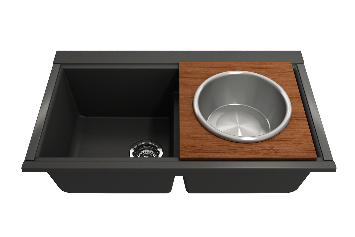 BOCCHI Wood Board with Large Stainless Steel Mixing Bowl & Colander - 2320 0014 on a compact workstation sink.