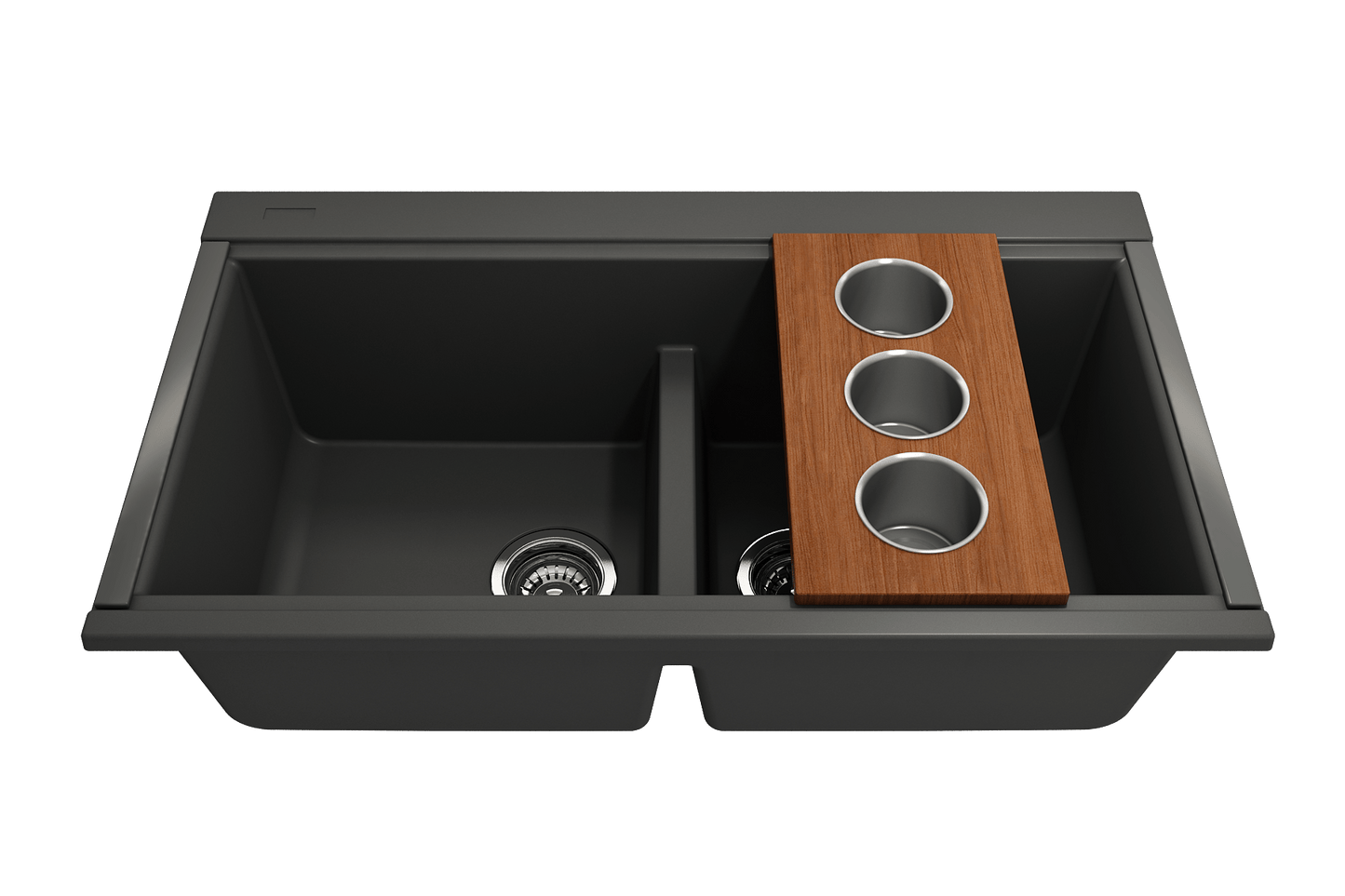 BOCCHI Workstation Prep Board Set - 3 Round Stainless Steel Bowls - 2330 0010 displayed in a modern kitchen sink.