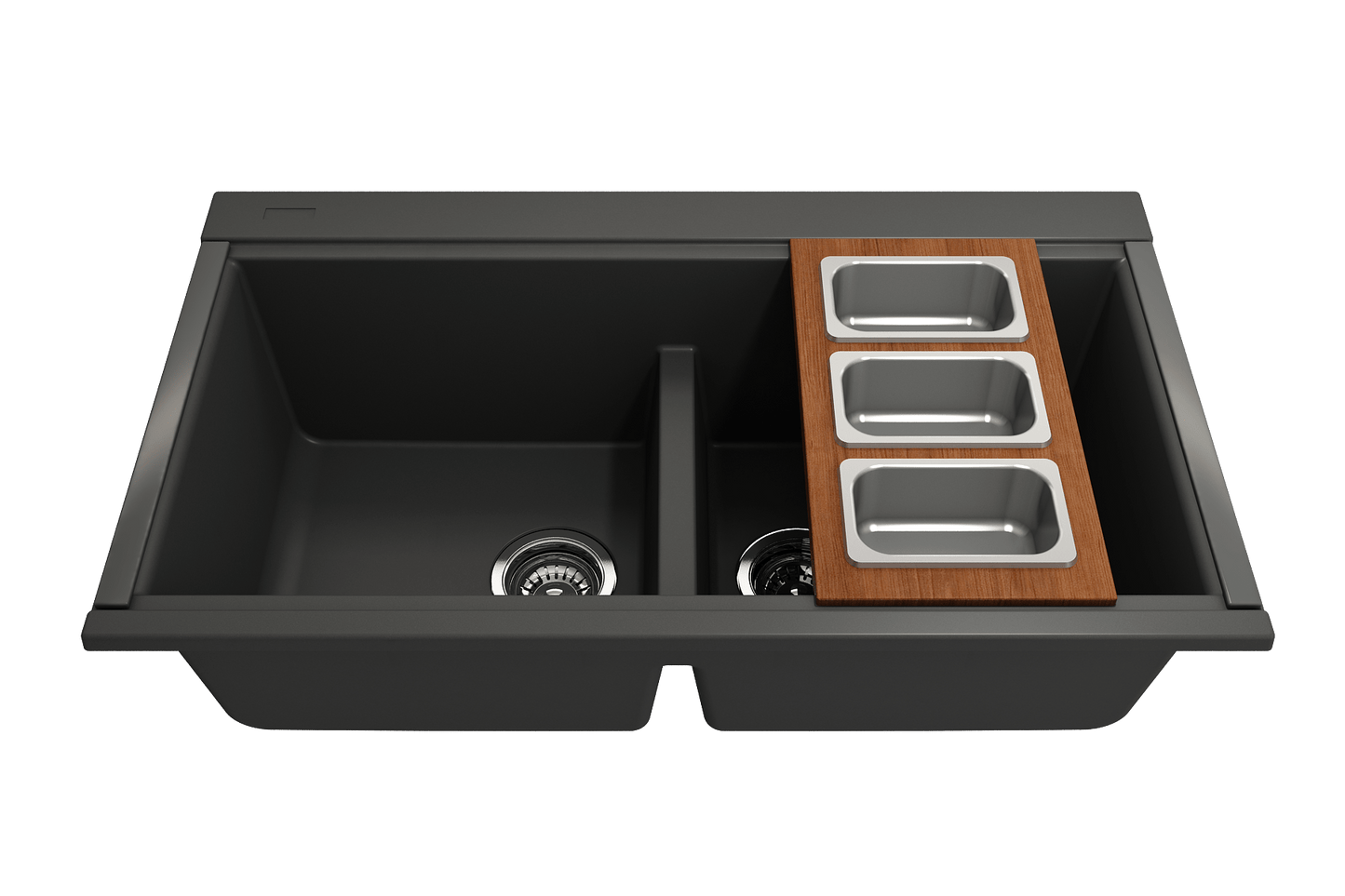 Bocchi Wood Board for Workstation Sinks - with 3 Rectangular SS Bowls - 2320 0012 on a black sink.
