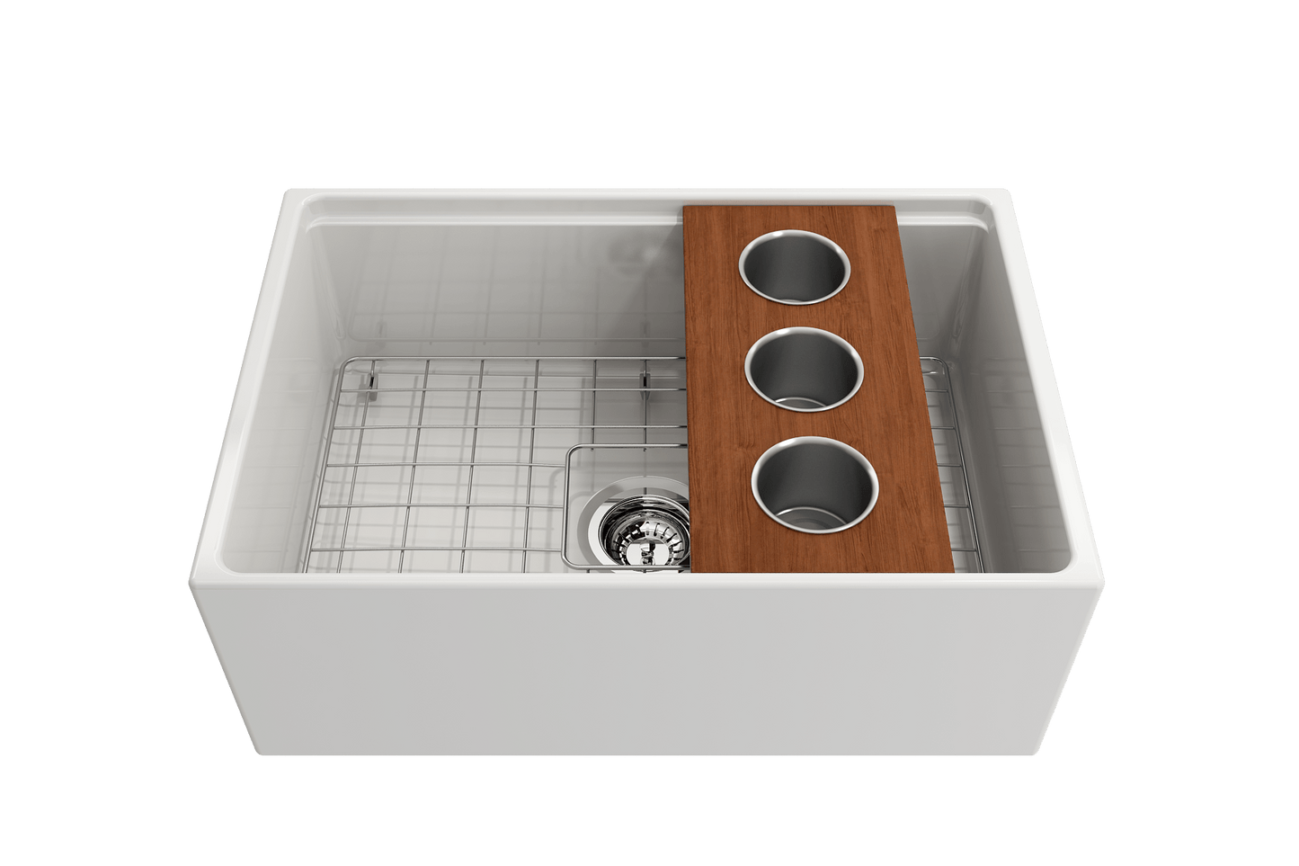 BOCCHI Prep Board Set for Workstation Sinks with 3 Round Stainless Steel Bowls 2320 0011 in a modern kitchen sink.