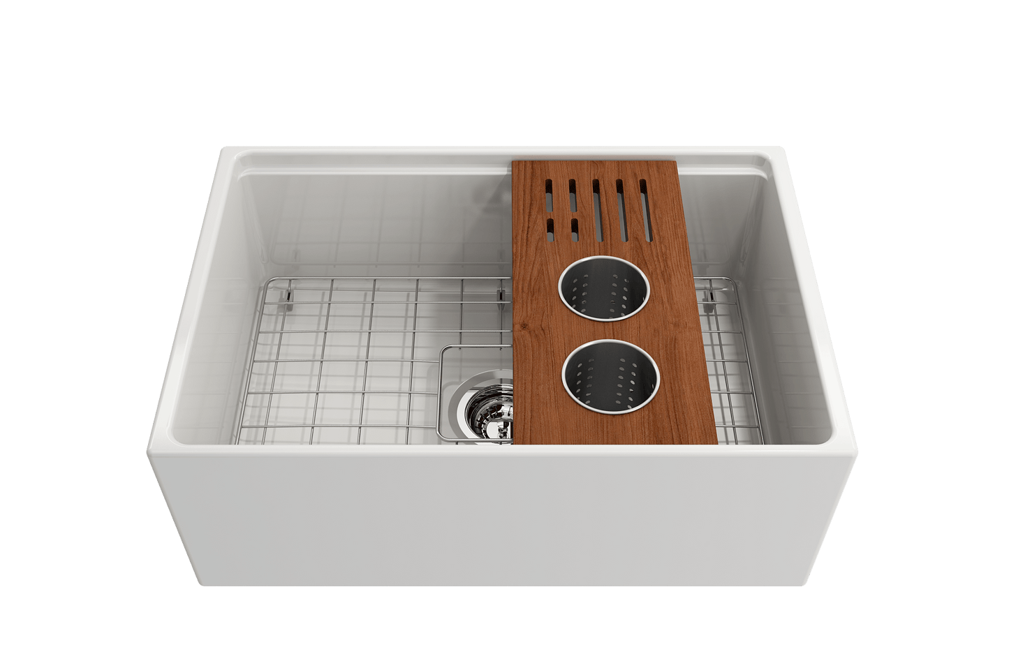 BOCCHI Workstation Prep Board Set - 2 Round Stainless Steel Colanders & Knife Holder 2320 0009 in white finish with hardwood board.