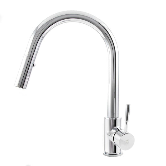 ZLINE Arthur Kitchen Faucet showcasing a sleek chrome finish and pull-down spray head for extended reach.