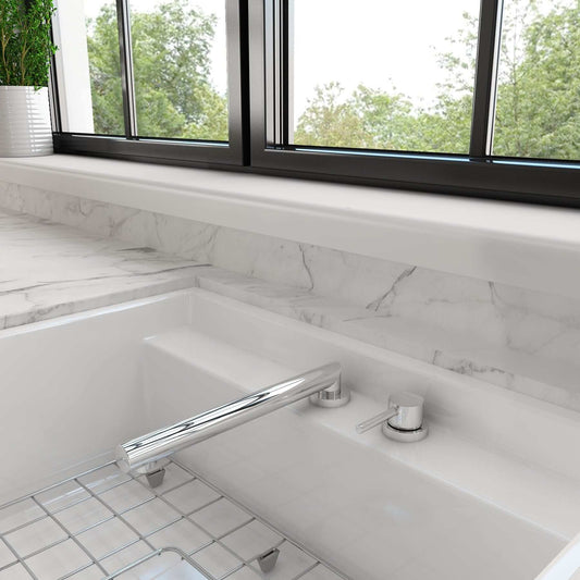 BOCCHI BAVENO Move Kitchen Faucet shown in a modern bathroom setting with a marble countertop.