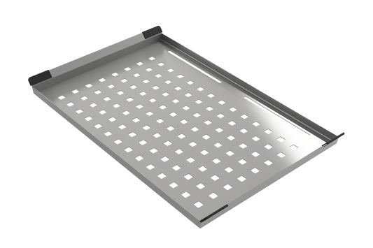 BOCCHI Stainless Steel Colander Tray with Black Silicone Handle Pads, featuring a sleek design and innovative perforation pattern.