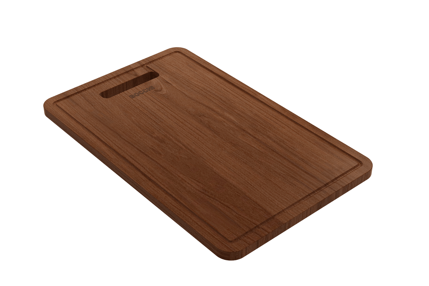BOCCHI Wooden Cutting Board with Handle for Nuova 1500/1501, top view, rich Sapele wood finish, elegant design.