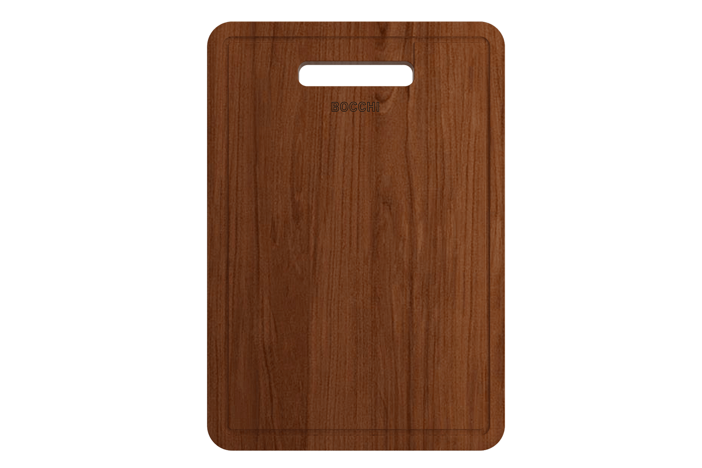 BOCCHI Wooden Cutting Board with Handles for Arona 1600, front view of premium Sapele wood design.