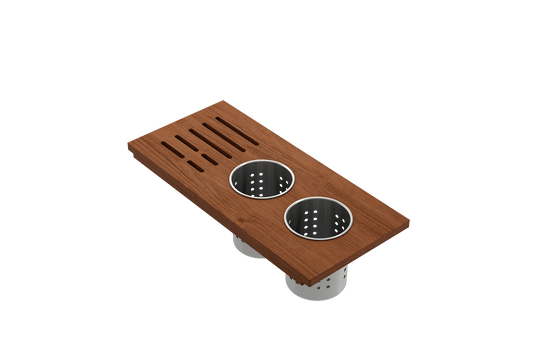 BOCCHI Workstation Prep Board Set - 2 Round Stainless Steel Colanders & Knife Holder 2320 0009 in elegant hardwood finish.