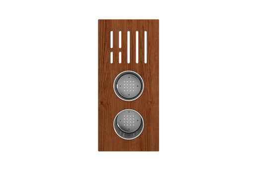 BOCCHI Workstation Prep Board Set - 2 Round Stainless Steel Colanders & Knife Holder 2320 0009 in hardwood finish with colanders.