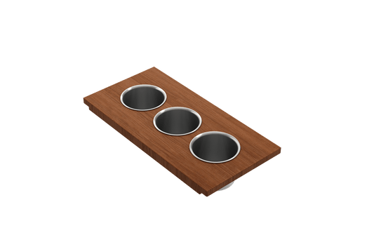 BOCCHI Workstation Prep Board Set - 3 Round Stainless Steel Bowls - 2330 0010 on a wooden surface.
