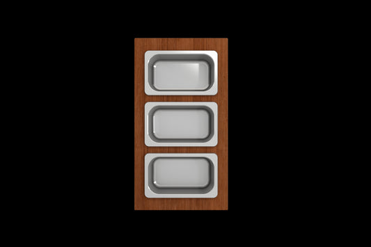 Wood Board with 3 Rectangular Stainless Steel Bowls F/1616, 1618, 1633 (inner ledge)