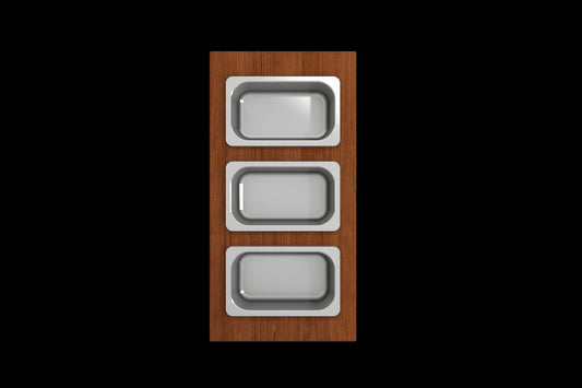 Wood Board with 3 Rectangular Stainless Steel Bowls F/1344, 1348, 1360, 1362, 1504, 1505, 1506 (short side only), 1627, 1628