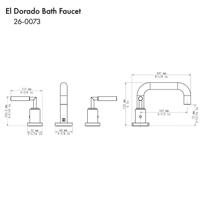 ZLINE Eldorado Bath Faucet technical drawing with dimensions and specifications for bathroom design.