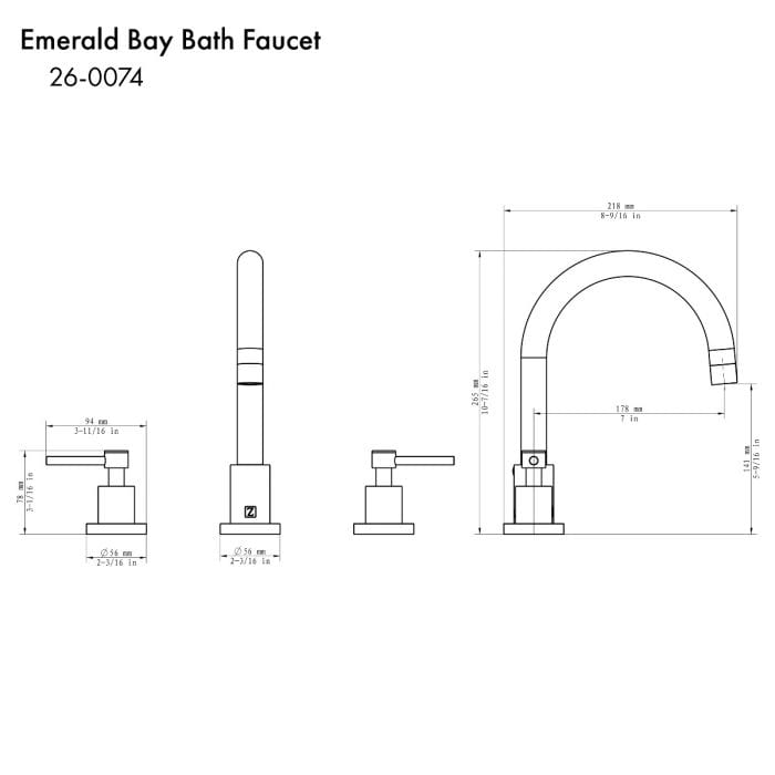 ZLINE Emerald Bay Bath Faucet technical drawing showing dimensions and design features.