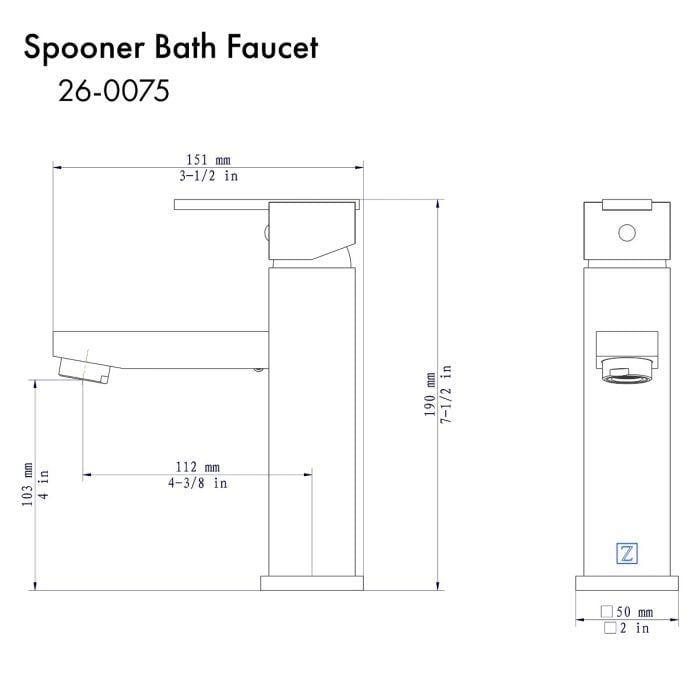 ZLINE Spooner Bath Faucet in Electric Matte Black (SPN-BF-MB) dimensions and specifications illustration.