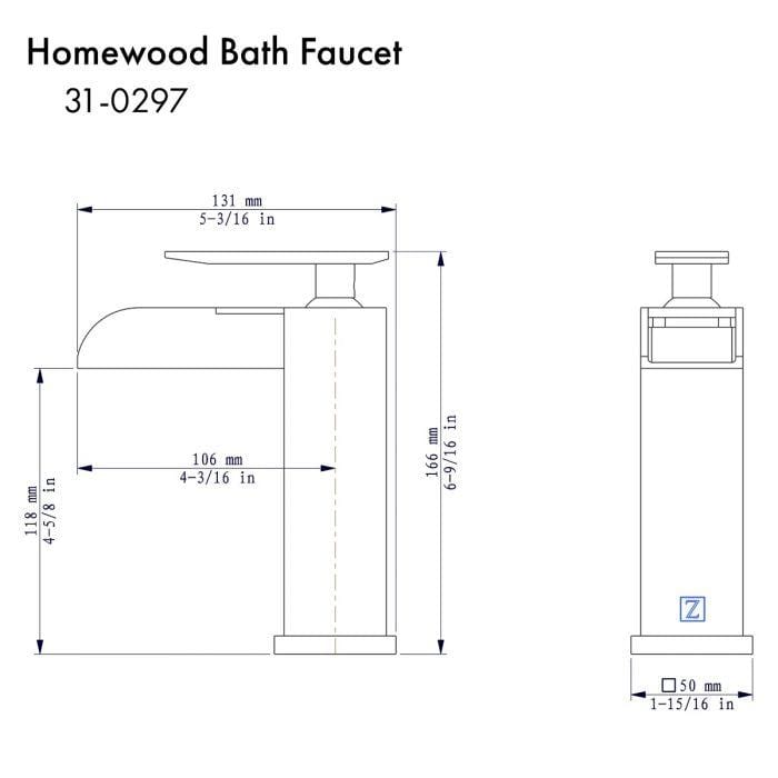 ZLINE Homewood Bath Faucet in Chrome (31-0297-CH) dimensions drawing, showcasing product design details.