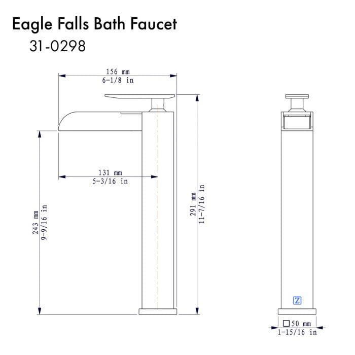ZLINE Eagle Falls Bath Faucet dimensions diagram with measurements for bathroom faucet installation.