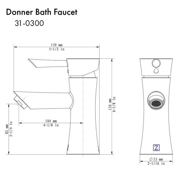 ZLINE Donner Bath Faucet in Chrome (DNR-BF-CH) technical drawing showcasing dimensions and design details.